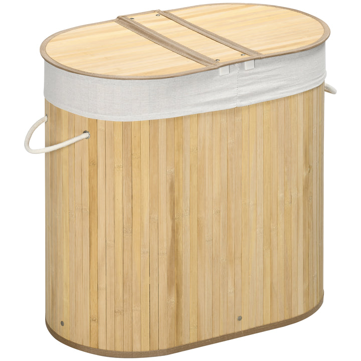 HOMCOM Bamboo Laundry Basket w/ Lid, 100 Litres Laundry Hamper w/ 2 Sections Removable Washable Lining Washing Baskets 62.5 x 37 x 60.5cm | Aosom UK