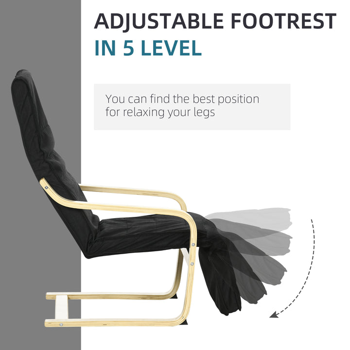 Wooden Armchair, Upholstered Linen Lounge Chair with Adjustable Footrest & Removable Cushion, Poang Chair for Living Room, Black