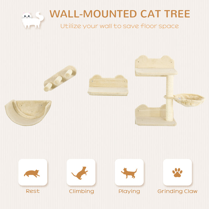 4PCs Wall-Mounted Cat Shelves w/ Scratching Post, Hammock, Nest - Beige