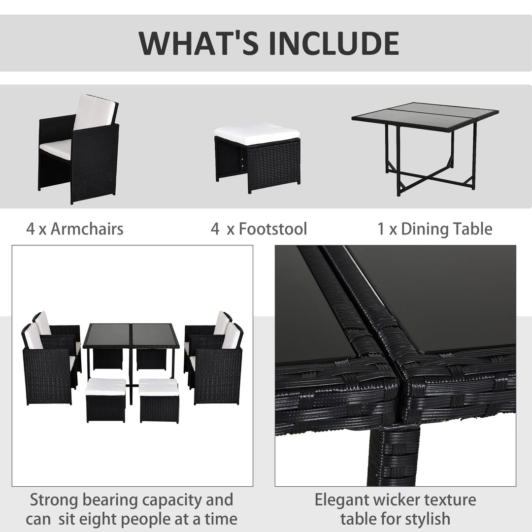 8 Seater Rattan Cube Garden Furniture Set, Rattan Dining Set with Cushions, Outdoor Dining Table and Chairs with 4 Armchairs, 4 Stools, Square Glass Top Table, Black