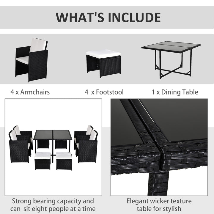 8 Seater Rattan Cube Garden Furniture Set, Rattan Dining Set with Cushions, Outdoor Dining Table and Chairs with 4 Armchairs, 4 Stools, Square Glass Top Table, Black