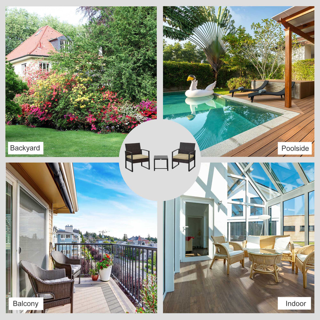 MCL 3 pcs PE Rattan Wicker Garden Furniture Patio Bistro Set Weave Conservatory Sofa Coffee Table and Chairs Set Beige