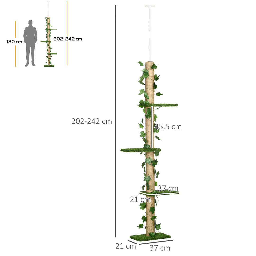 PawHut Floor to Ceiling Cat Tree, 242cm Height Adjustable Kitten Tower, Anti-slip Kit, Highly Simulated Multi-Layer Activity Centre, Green | Aosom UK