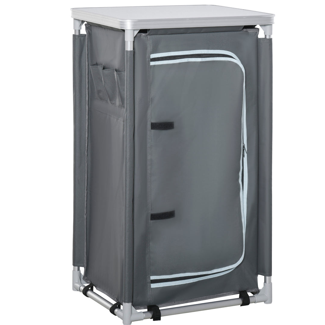 MCL 3-Shelf Camping Cupboard Camping Kitchen Station Cook Table, Storage Organiser for BBQ Party Picnics Backyards with Carrying Bag, Grey