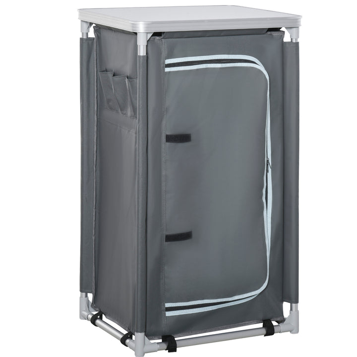 MCL 3-Shelf Camping Cupboard Camping Kitchen Station Cook Table, Storage Organiser for BBQ Party Picnics Backyards with Carrying Bag, Grey