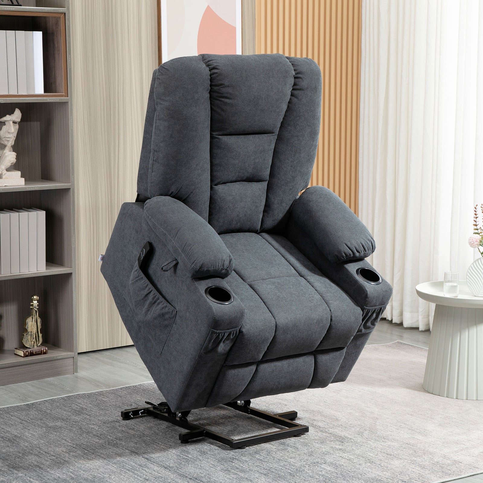 Oversized Riser and Recliner Chairs for the Elderly, Fabric Upholstered Lift Chair for Living Room with Remote Control, Side Pockets, Cup Holder, Charcoal Grey