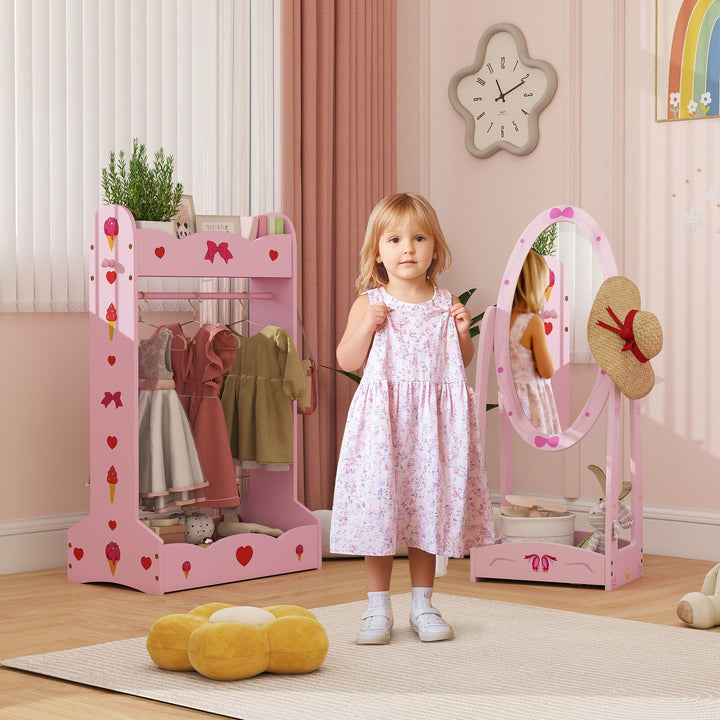 AIYAPLAY Kids Clothes Rail, Kids Dressing Mirror with 360° Rotating, 2 Piece Kids Furniture Set with Storage Shelves, Pink