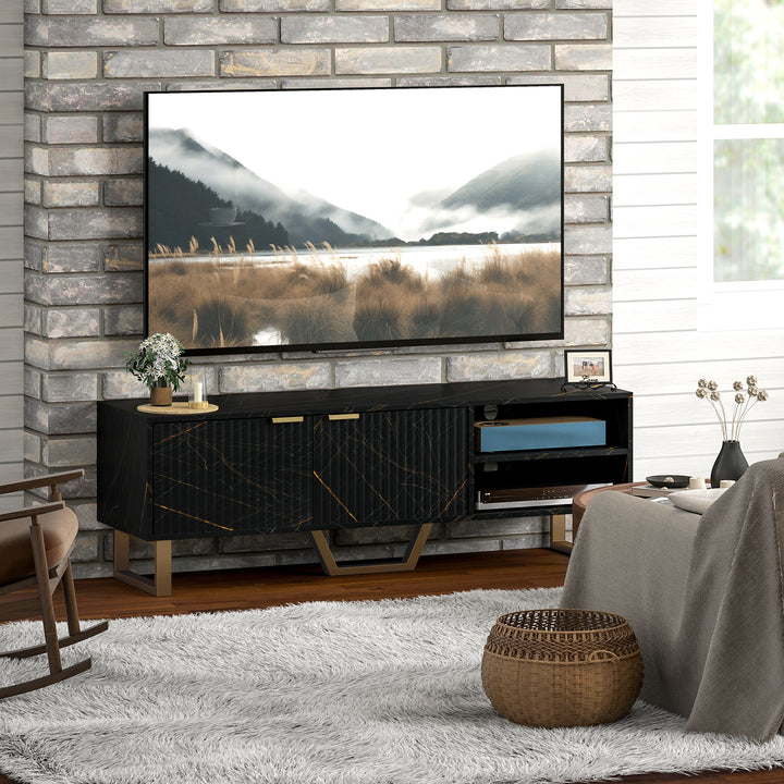 Marble Effect TV Unit, TV Stand Cabinet for up to 70" TVs, Modern TV Cabinet with Shelves and Storage Cupboard, Fluted Door, Extra Centre Leg, Cable Management for Living Room, Black