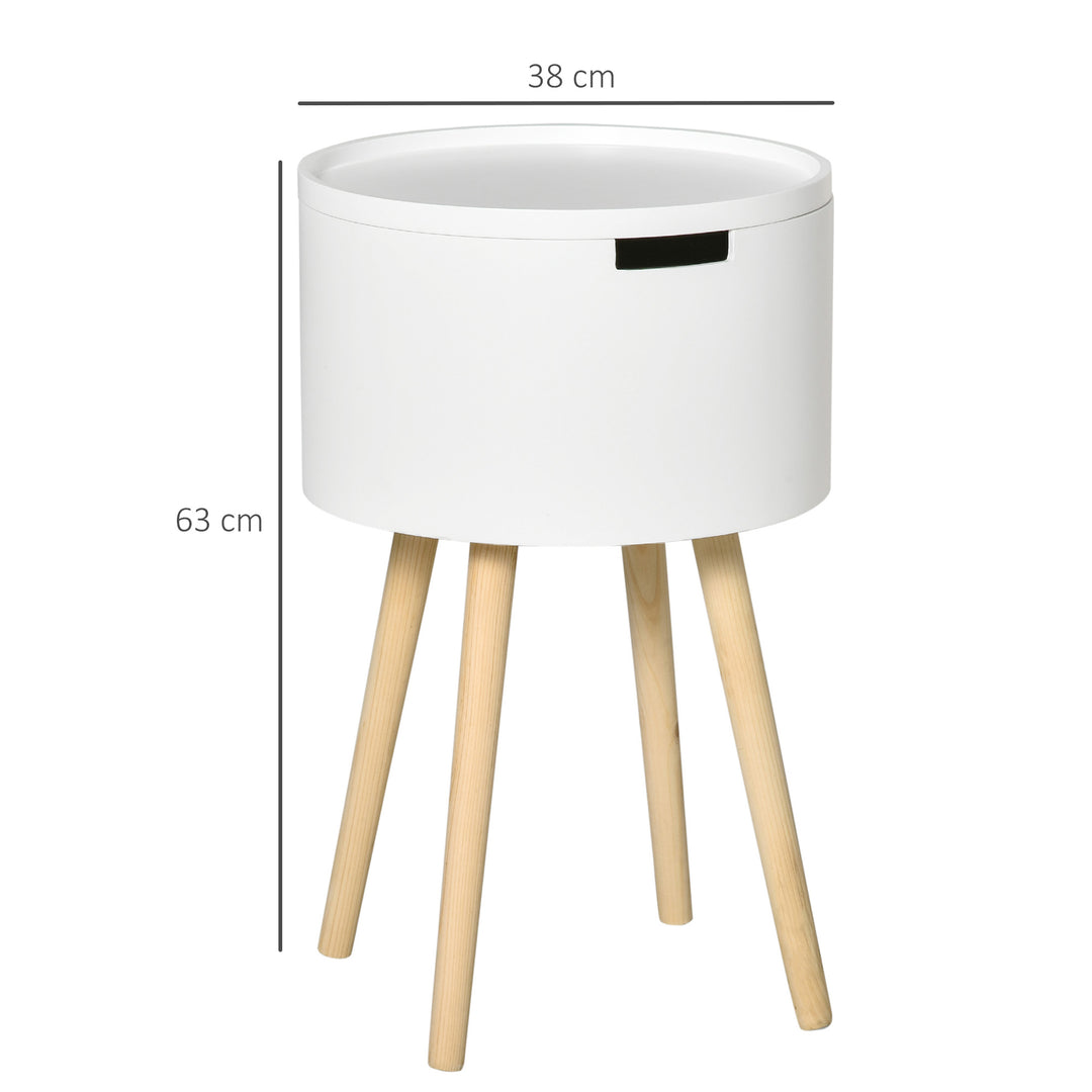 Modern Side Table with Hidden Storage Space, Round Night Stand with Removable Tray Wood Frame End Coffee Table for Living Room, White