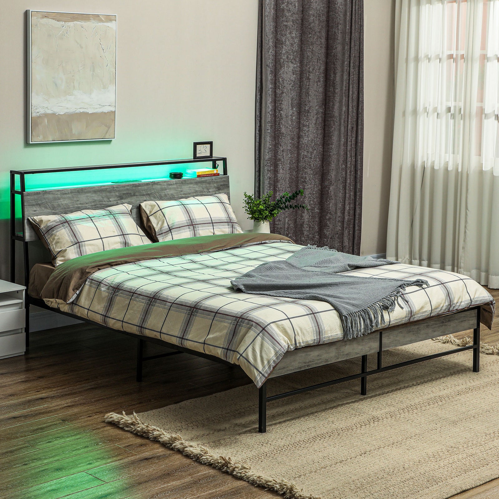 Double Steel Bed Frame, with LED Lights and Headboard Shelf - Grey