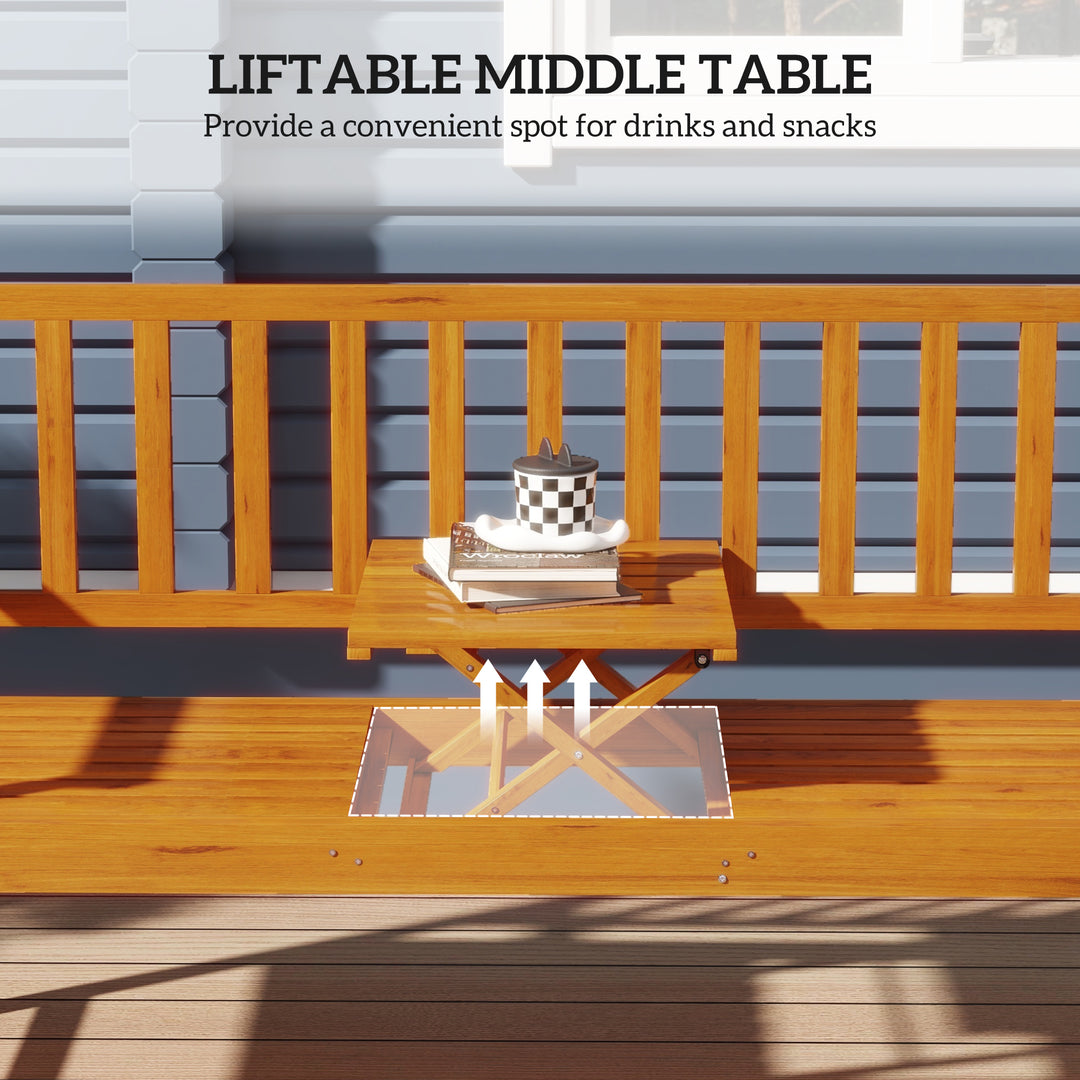 Wooden Bench with Liftable Middle Table, Outdoor Bench, Patio Loveseat