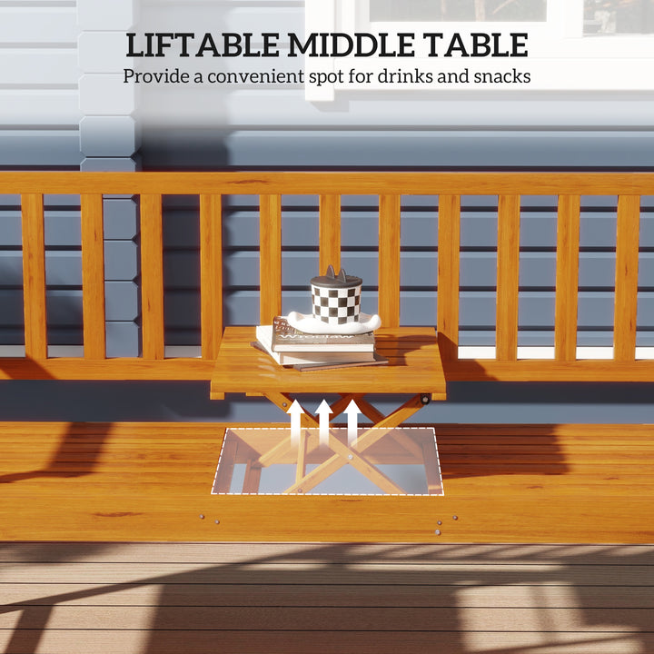Wooden Bench with Liftable Middle Table, Outdoor Bench, Patio Loveseat
