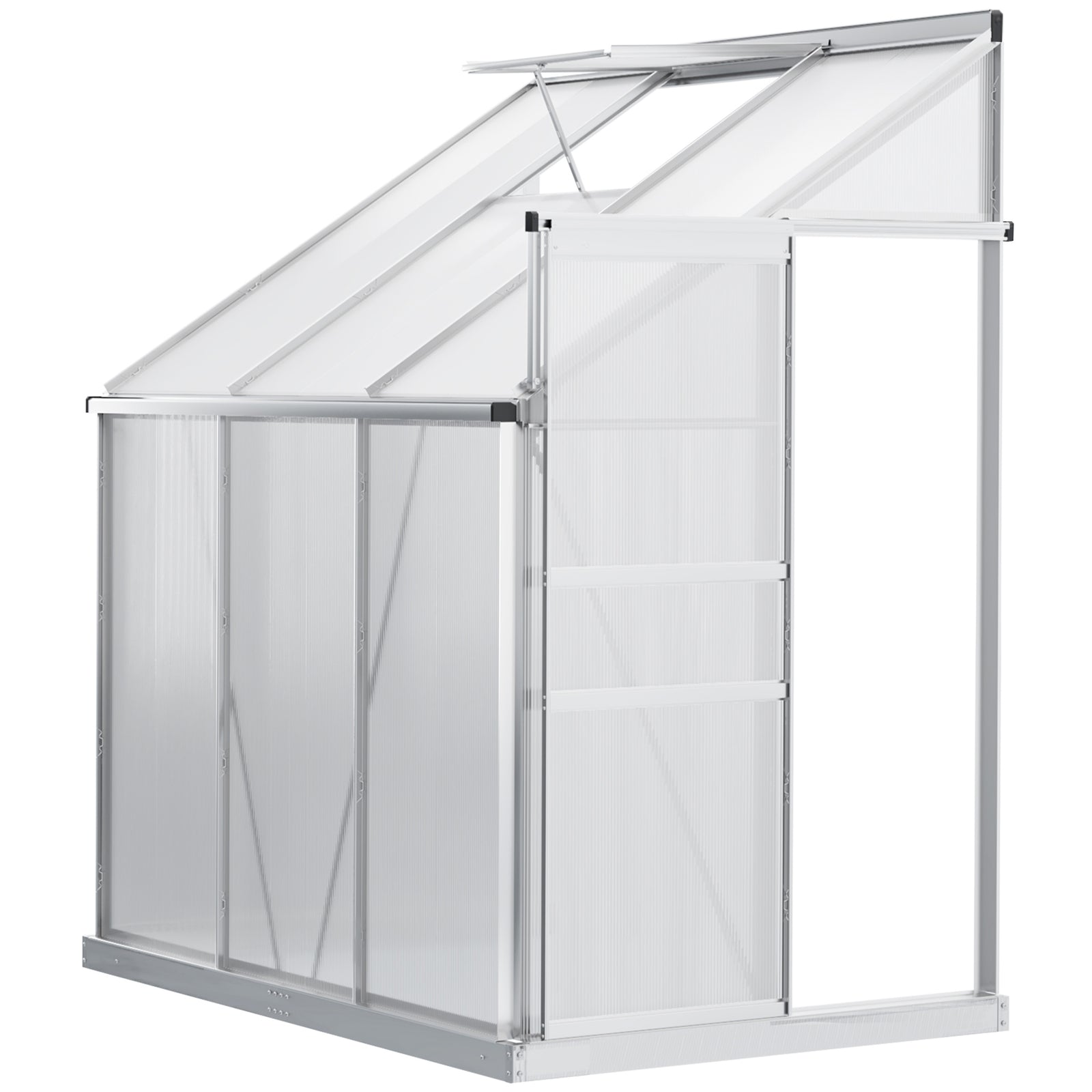 6 x 4ft Lean to Wall Polycarbonate Greenhouse Aluminium Walk-in Garden Greenhouse with Adjustable Roof Vent, Rain Gutter and Sliding Door, Clear