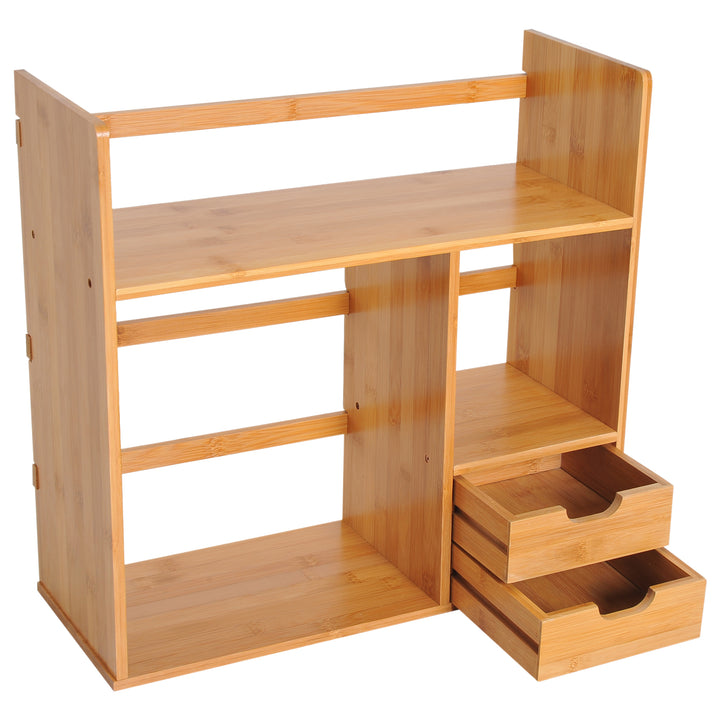 HOMCOM Desk Organiser, Bamboo Desktop Bookshelf with 2 Drawers and Stationery Storage, Reversible Use | Aosom UK