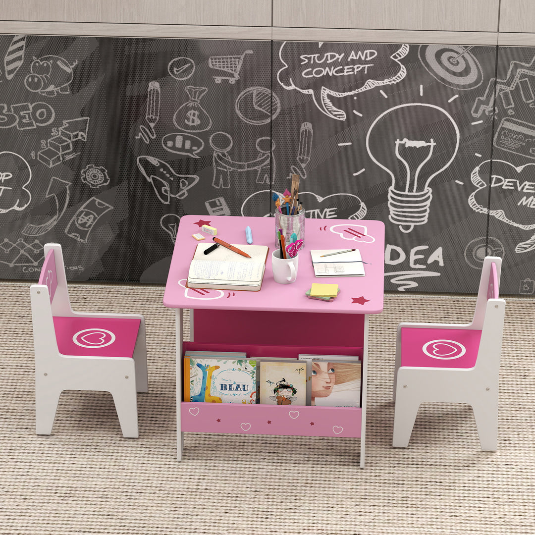 3 Pieces Kids Table and Chair Set, Toddler Activity Table with Bookshelves, for Living Room, Nursery, Playroom