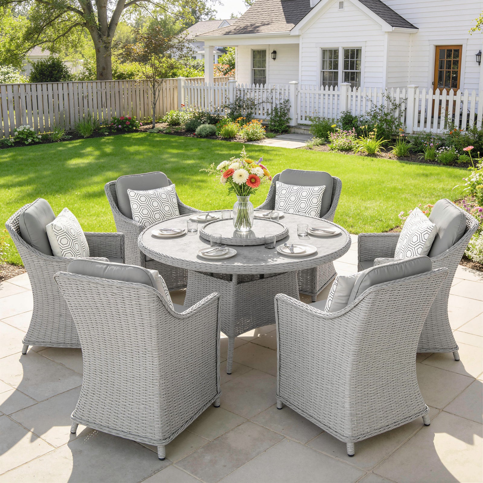 Rattan Garden Dining Set with Turntable, Marble Effect Glass Round Gar