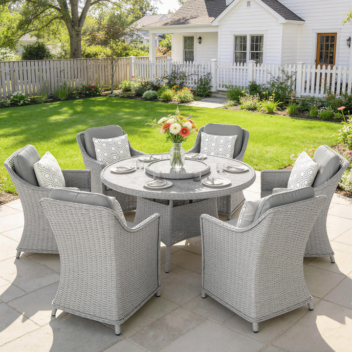 Rattan Garden Dining Set with Turntable, Marble Effect Glass Round Gar