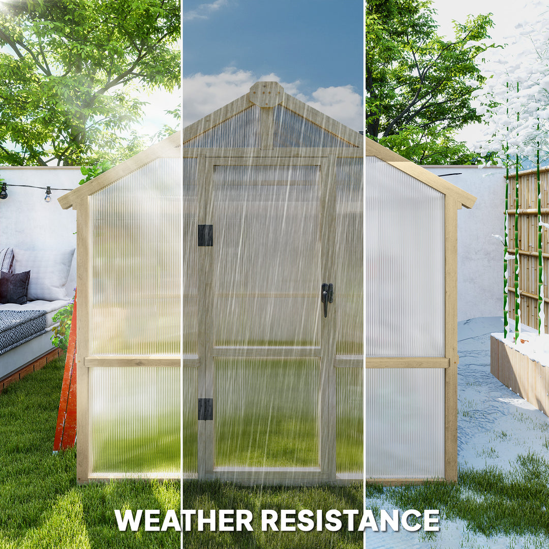 6.6 x 6ft Polycarbonate Greenhouse, Walk-in Wooden Greenhouse with Lockable Door and Window, Garden Plants Grow House, Brown