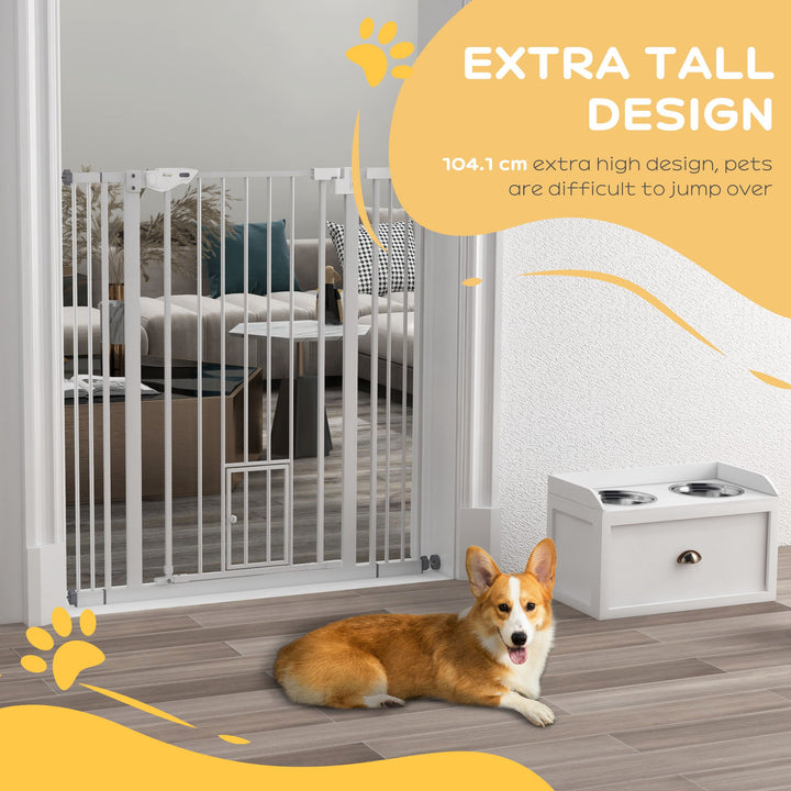 PawHut Extra Tall Pet Gate, Indoor Dog Safety Gate, with Cat Flap, Auto Close, 74-101cm Wide - White | Aosom UK