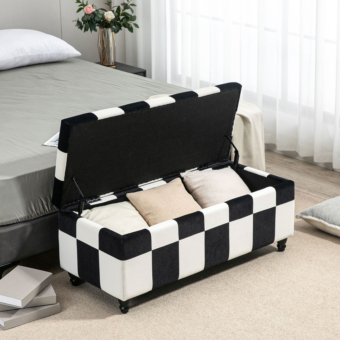 HOMCOM 114 x 47 x 47cm Velvet Storage Ottoman, Button-tufted Footstool Box, Toy Chest with Lid for Living Room, Bedroom, White and Black | Aosom UK