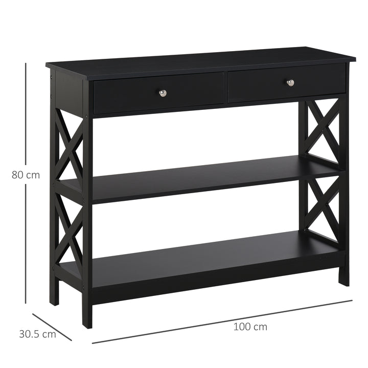 HOMCOM Console Table Side Desk w/ Shelves Drawers Open Top X Support Frame Living Room Hallway Home Office Furniture Black