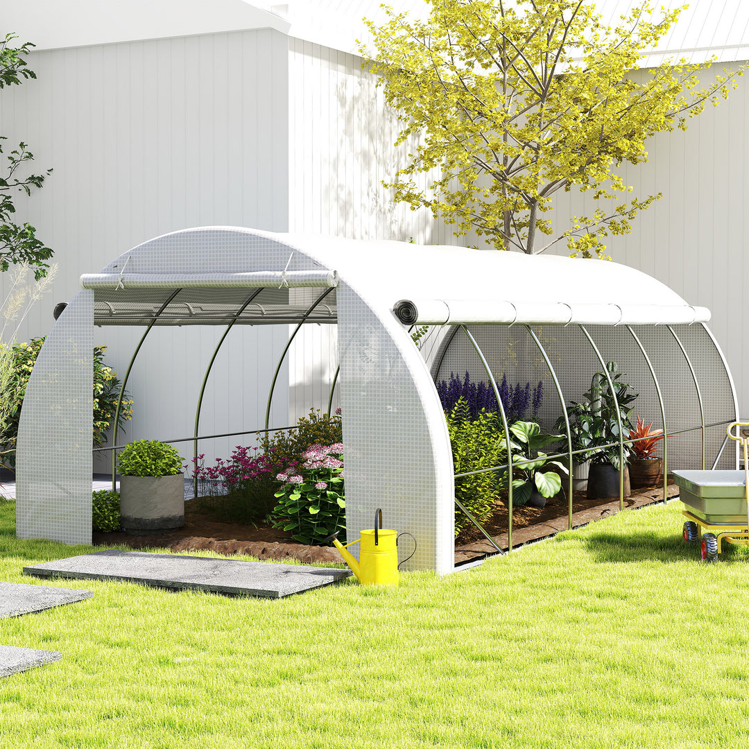 MCL 6 x 3 x 2 m Polytunnel Greenhouse with Roll-up Side Walls, Walk-in Grow House Tent with Steel Frame, Reinforced Cover, Zipped Door and 12 Mesh Windows for Garden, White
