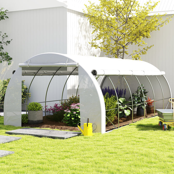 MCL 6 x 3 x 2 m Polytunnel Greenhouse with Roll-up Side Walls, Walk-in Grow House Tent with Steel Frame, Reinforced Cover, Zipped Door and 12 Mesh Windows for Garden, White
