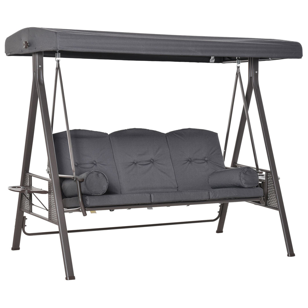 3 Seater Garden Swing Chair Outdoor Hammock Bench w/ Adjustable Canopy, Cushions and Cup Trays, Brown Steel Frame, Dark Grey Fabric