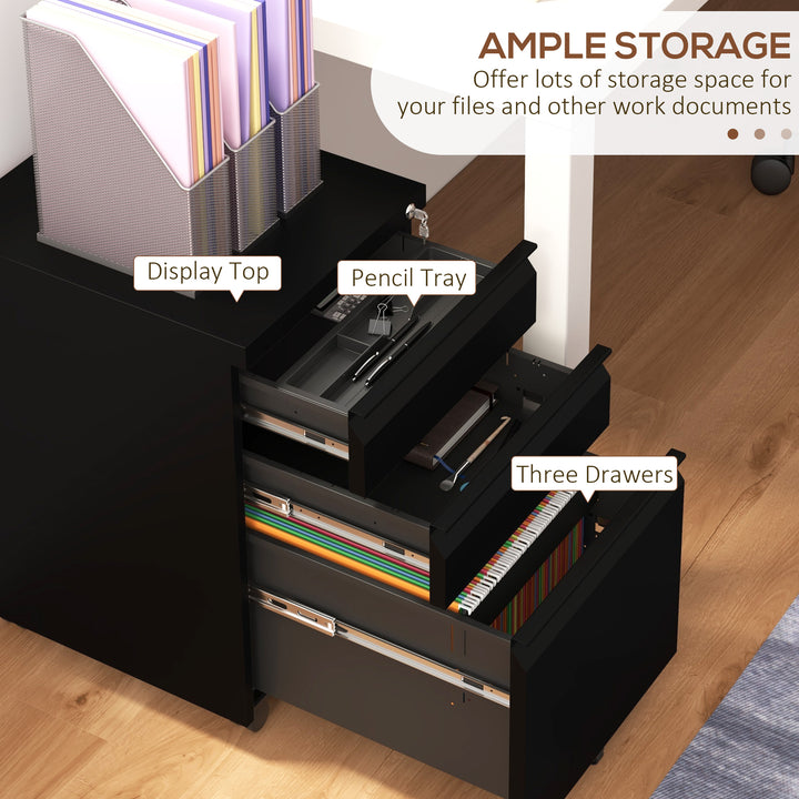 3-Drawer Filing Cabinet with Lock, Mobile Steel File Cabinet for A4, Legal and Letter Size, Under Desk Drawers with Pre-Assembled Body for Home Office, 37 x 43.5 x 60 cm, Black