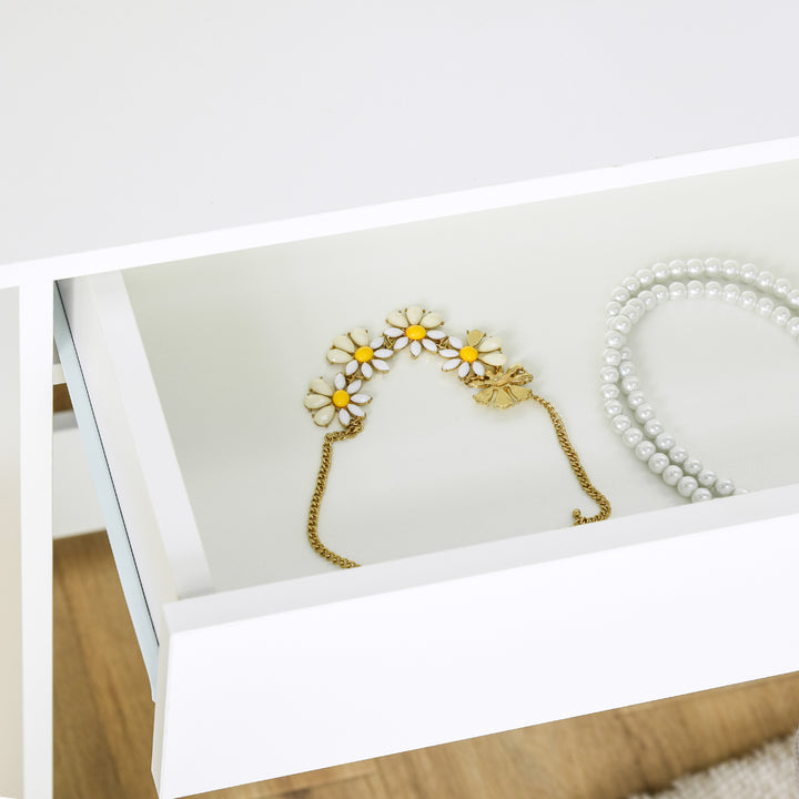 Modern Dressing Table Writing Desk W/ Mirror, Big Drawers, 2-Tier Open Shelf For Home Bedroom White