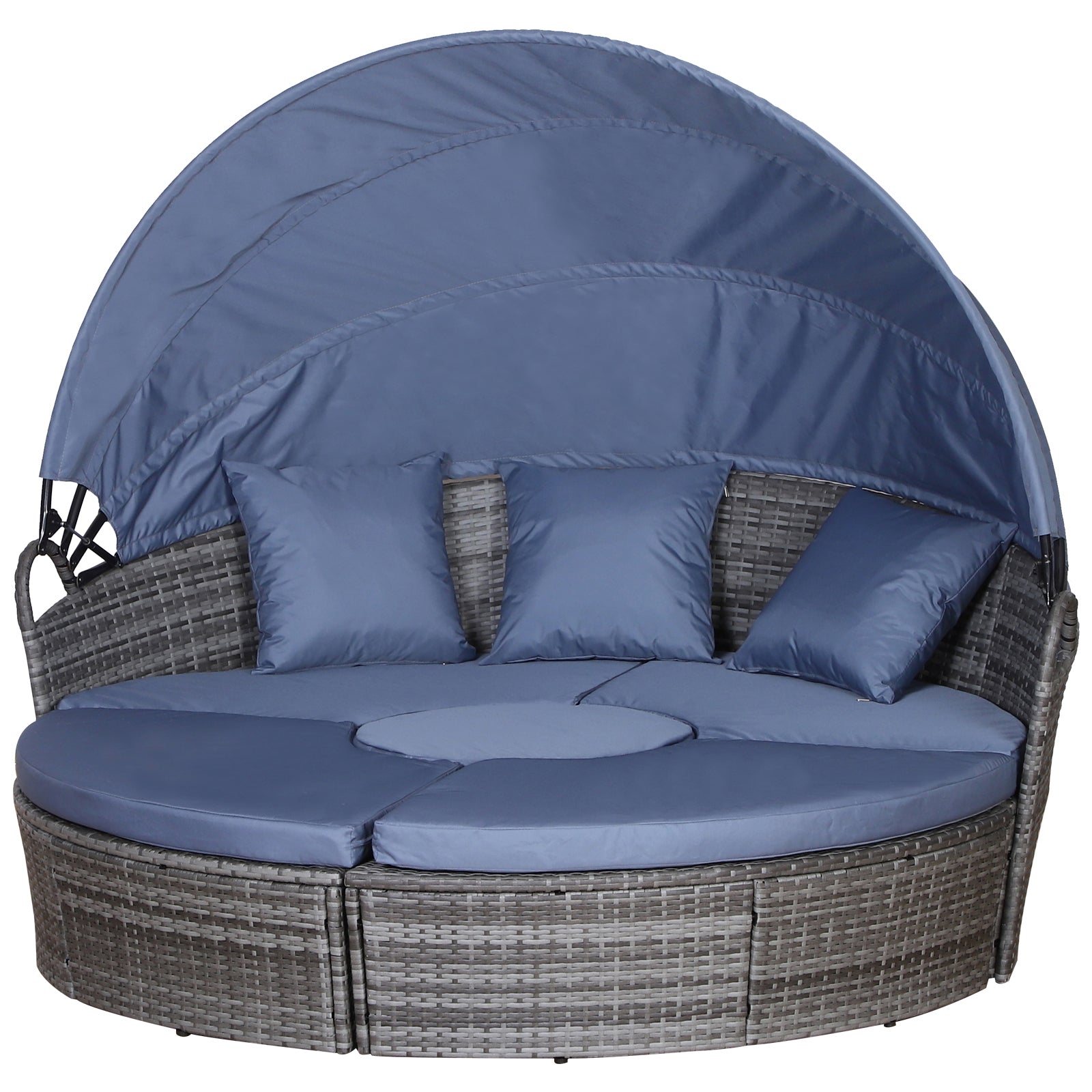 PE Rattan Lounge Set, 5 Pieces Patio Conversation Furniture Set, Garden Round Sofa Bed with Cushion and Retractable Canopy, Grey