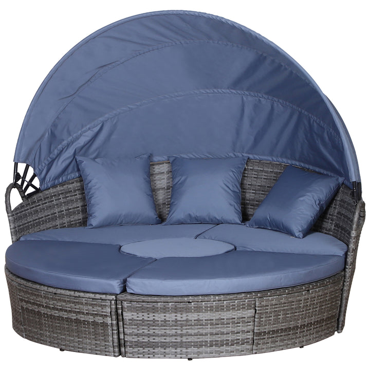 MCL Outdoor PE Rattan Garden Furniture with Cushioned, Patio Wicker Conversation Furniture Set, Round Daybed with Retractable Canopy, Coffee Table and Three Pillows, Grey/Blue Grey