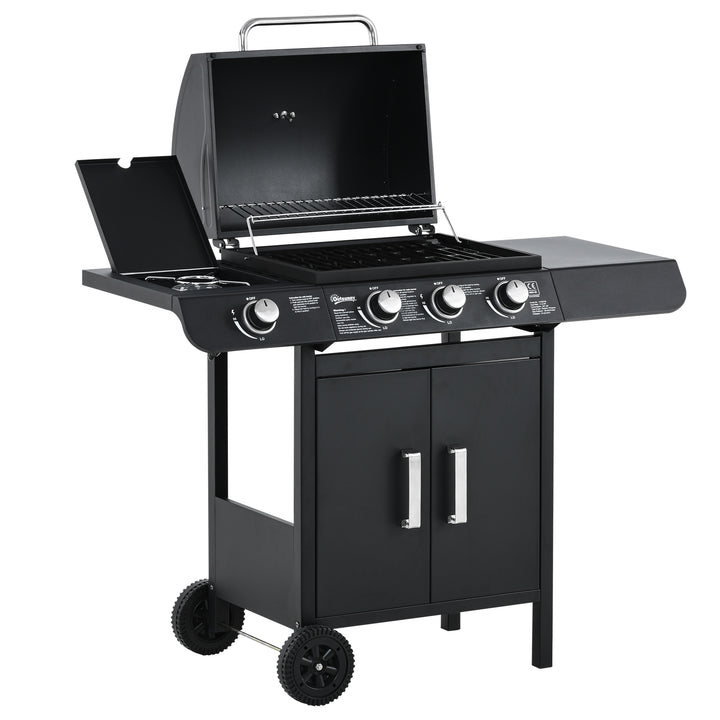 3+1 Burner Gas BBQ Grill, Outdoor Barbecue Trolley with Wheels, Warming Rack, Side Shelves, Cabinet, Thermometer for Garden, Party, Camping, 110L x 50W x 100Hcm, Black