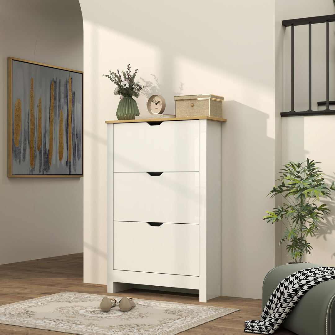 MCL Slim Shoe Cabinet, Narrow Shoe Cupboard with 3 Flip Drawers, Adjustable Shelves for 18 Pairs of Shoes, High Gloss White