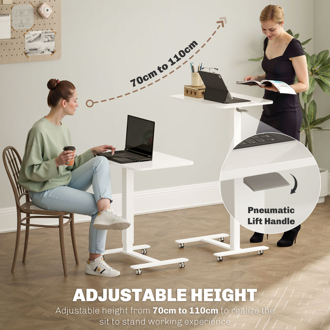 Height Adjustable Standing Desk, Pneumatic Sit Stand Desk for Laptop, Mobile Overbed Table with Wheels for Home Office, White
