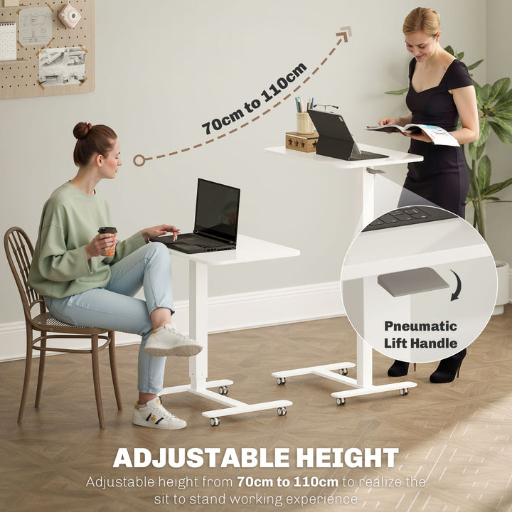 Height Adjustable Standing Desk, Pneumatic Sit Stand Desk for Laptop, Mobile Overbed Table with Wheels for Home Office, White