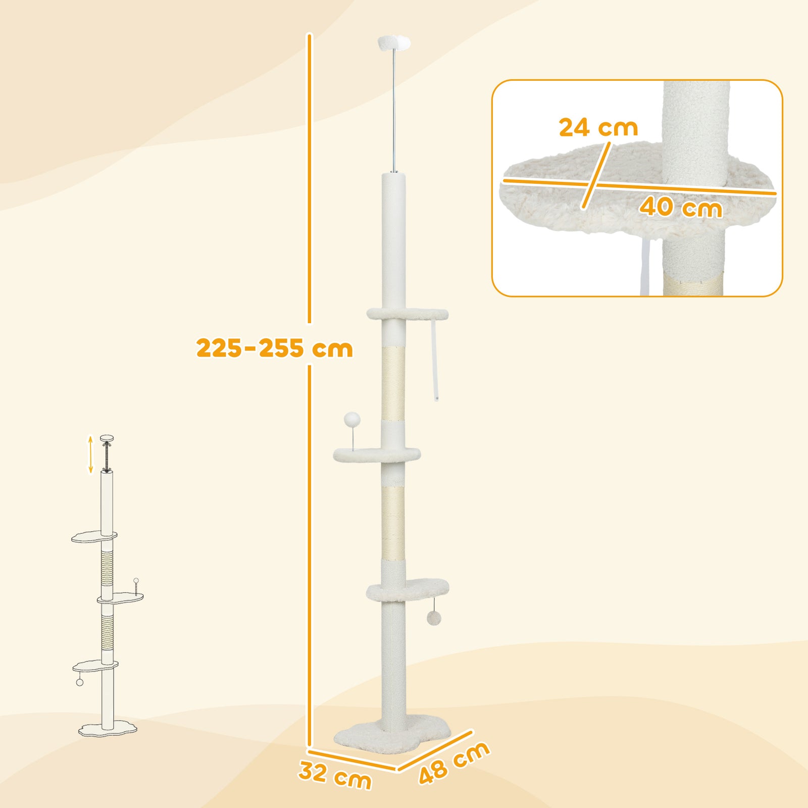 225-255 cm Adjustable Cat Climbing Tower with Sisal Scratching Posts, 