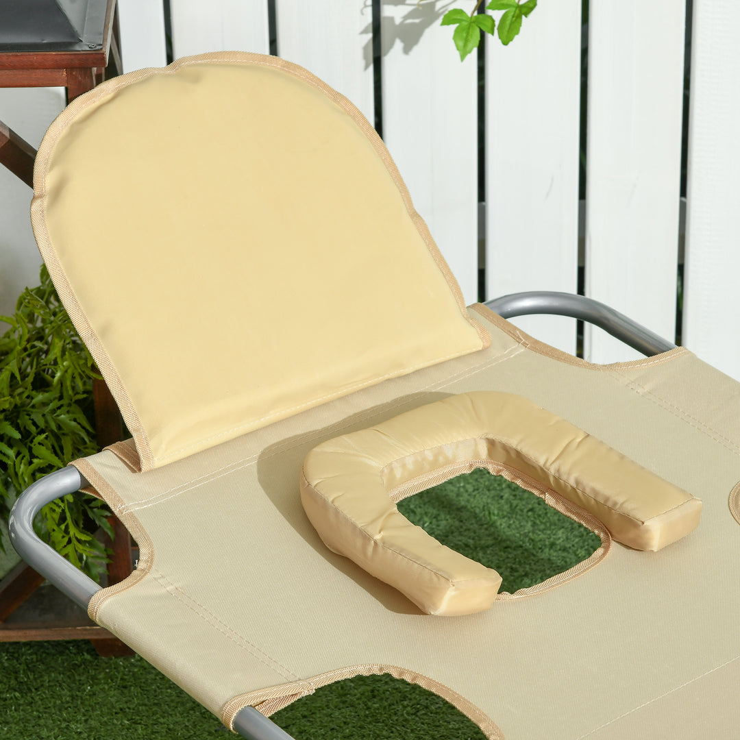 Foldable Sun Lounger, Beach Chaise Lounge with Reading Hole, Arm Slots, 5-Position Adjustable Backrest, Side Pocket, Pillow for Garden, Beach, Pool, Beige