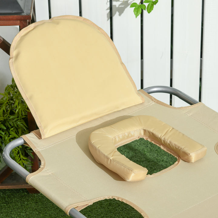 Foldable Sun Lounger, Beach Chaise Lounge with Reading Hole, Arm Slots, 5-Position Adjustable Backrest, Side Pocket, Pillow for Garden, Beach, Pool, Beige