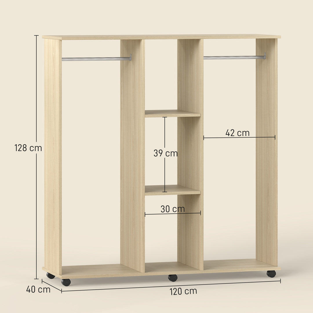 Open Wardrobe Double Mobile Storage Shelves Organizer W/6 Wheels-Natur