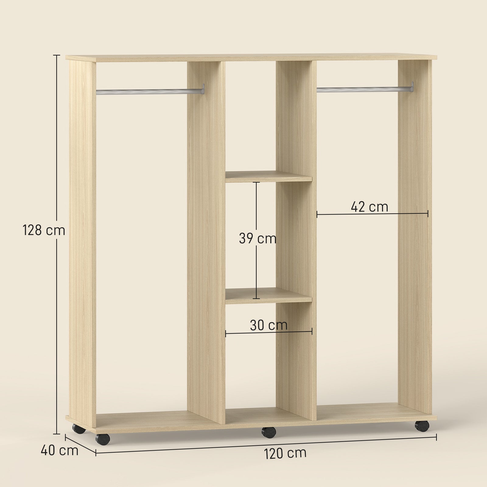Open Wardrobe Double Mobile Storage Shelves Organizer W/6 Wheels-Natur