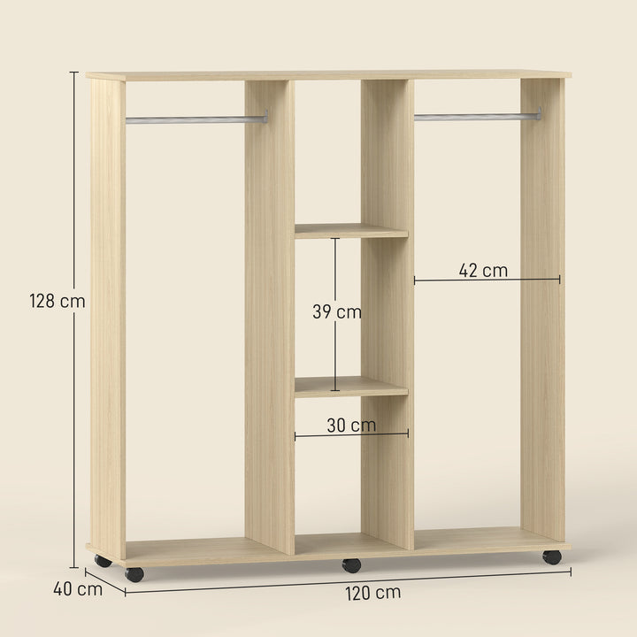 Open Wardrobe Double Mobile Storage Shelves Organizer W/6 Wheels-Natur