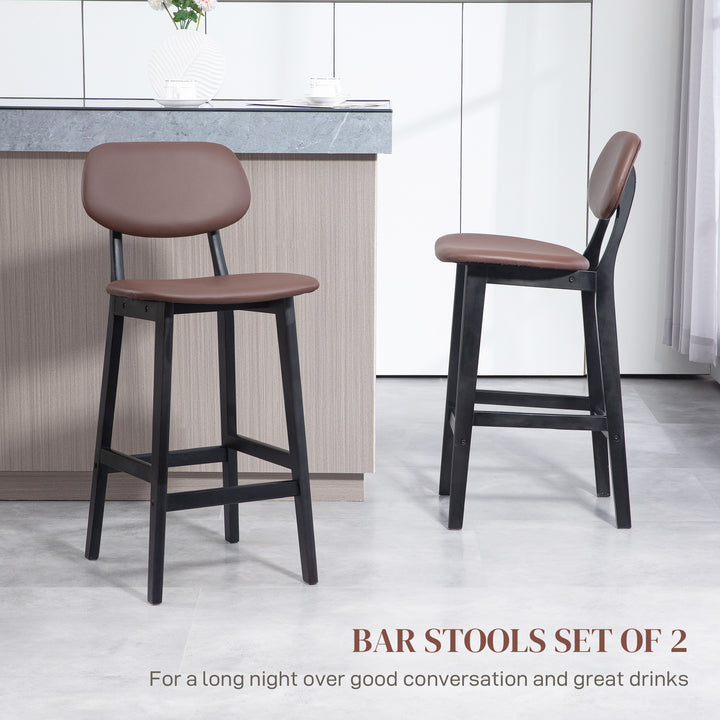 HOMCOM Bar Stools Set of 2, Modern Breakfast Bar Chairs, Faux Leather Upholstered Kitchen Stools with Backs and Wood Legs, Brown | Aosom UK