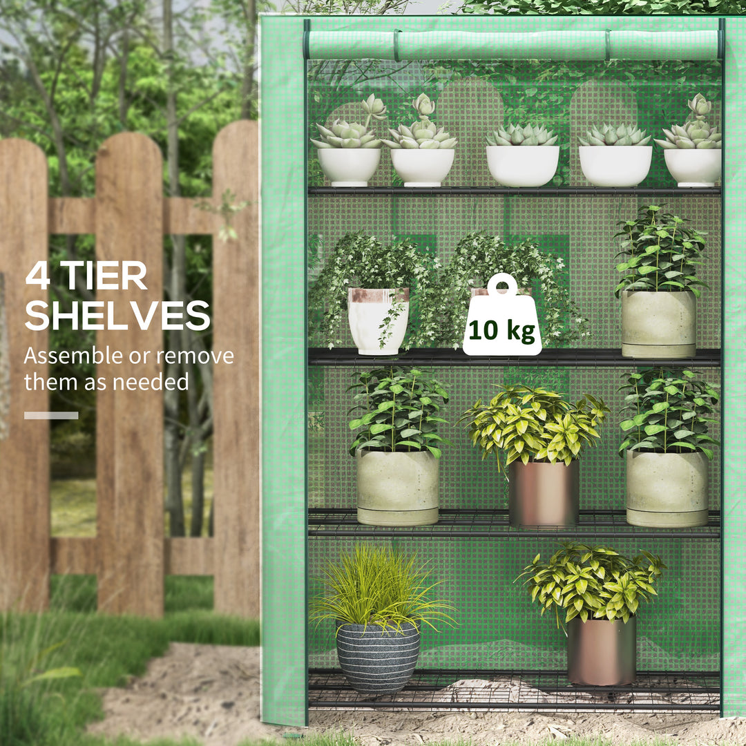 4 Tier Mini Greenhouse with Reinforced PE Cover, Portable Indoor Outdoor Green House with Roll-up Door and Wire Shelves, 170H x 120W x 50Dcm, Green