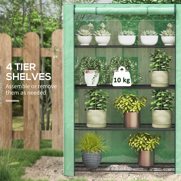 4 Tier Mini Greenhouse with Reinforced PE Cover, Portable Indoor Outdoor Green House with Roll-up Door and Wire Shelves, 170H x 120W x 50Dcm, Green