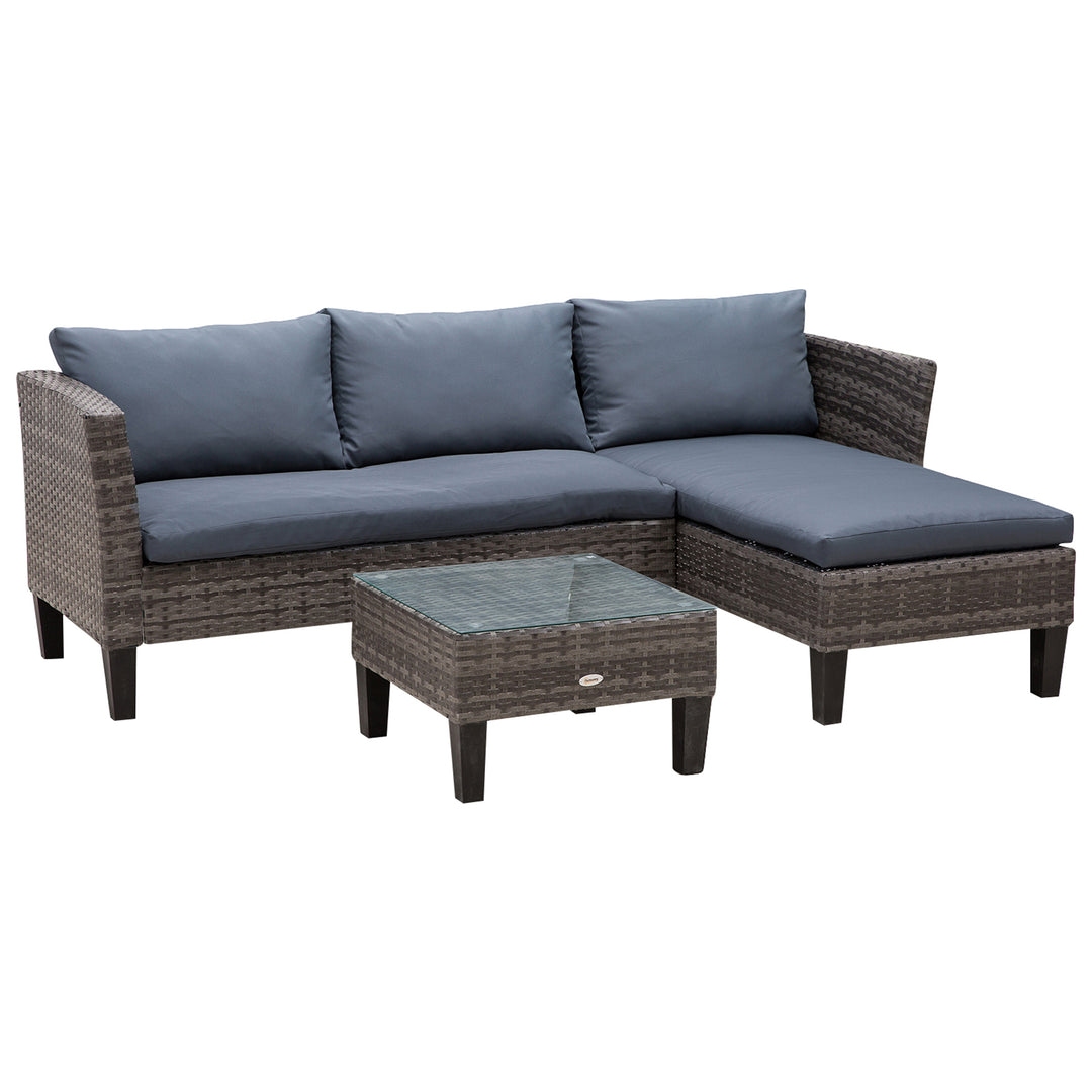 3 Pcs Garden Sofa PE Rattan Set w/ 2 Seats Square Glass Top Coffee Table Thick Cushions Solid Legs Metal Frame Patio Outdoor Balcony Patio L Corner Shape - Grey