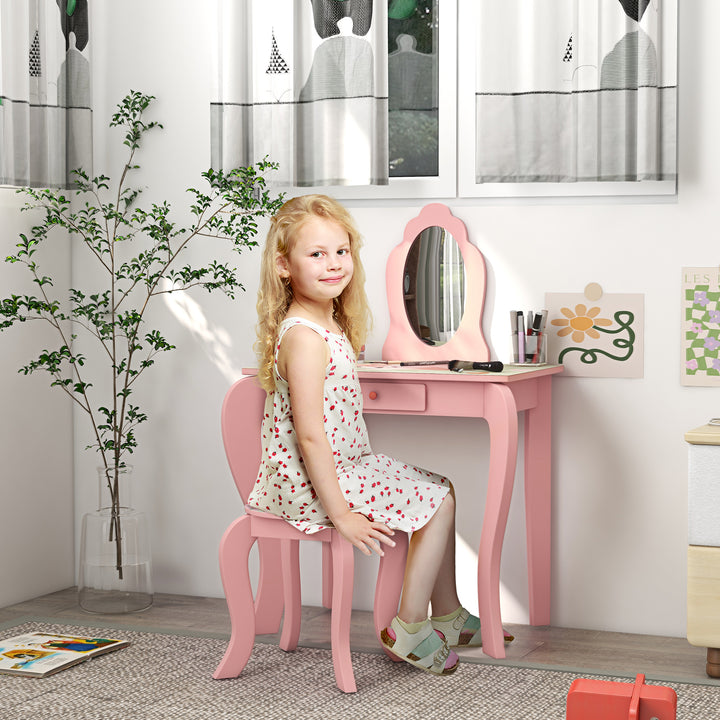 ZONEKIZ Kids Dressing Table with Mirror and Stool, Girls Vanity Table Makeup Desk with Drawer, Cute Animal Design, for 3