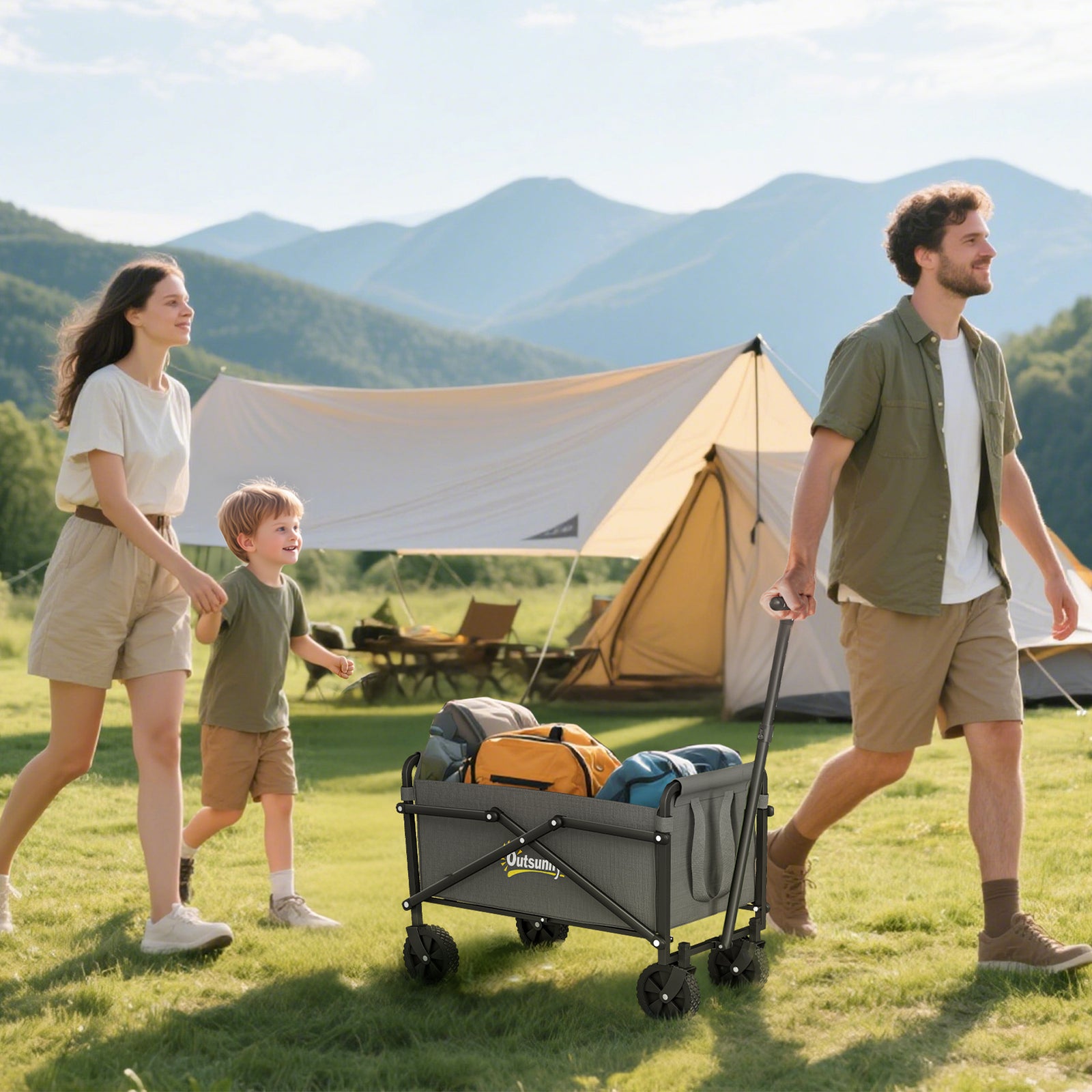 41L Festival Trolley on Wheels, Small Garden Folding Trolley Cart, 60kg Heavy Duty Collapsible Folding Wagon with Adjustable Handle and Carrying Bag for Beach, Camping, Festival, Grey