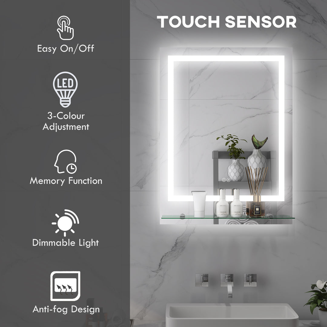 Large Vanity Mirror with Lights and Shelf, Illuminated bathroom Mirror with 3 Colour Brightness, Smart Touch, Anti-Fog