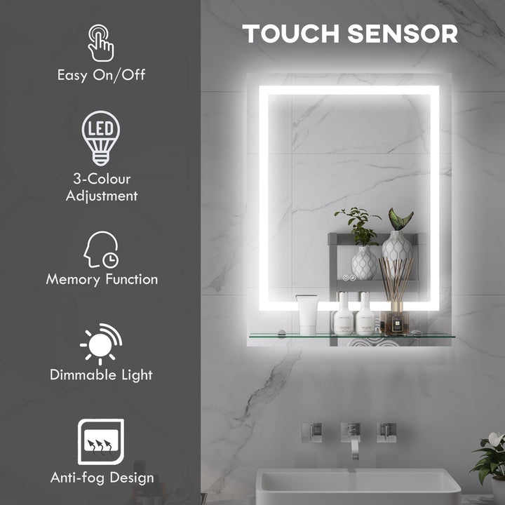 Large Vanity Mirror with Lights and Shelf, Illuminated bathroom Mirror with 3 Colour Brightness, Smart Touch, Anti-Fog